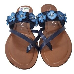 NWT Italian Shoemakers Blue Thong Sandals Rhinestone Embellished Flowers 7.5